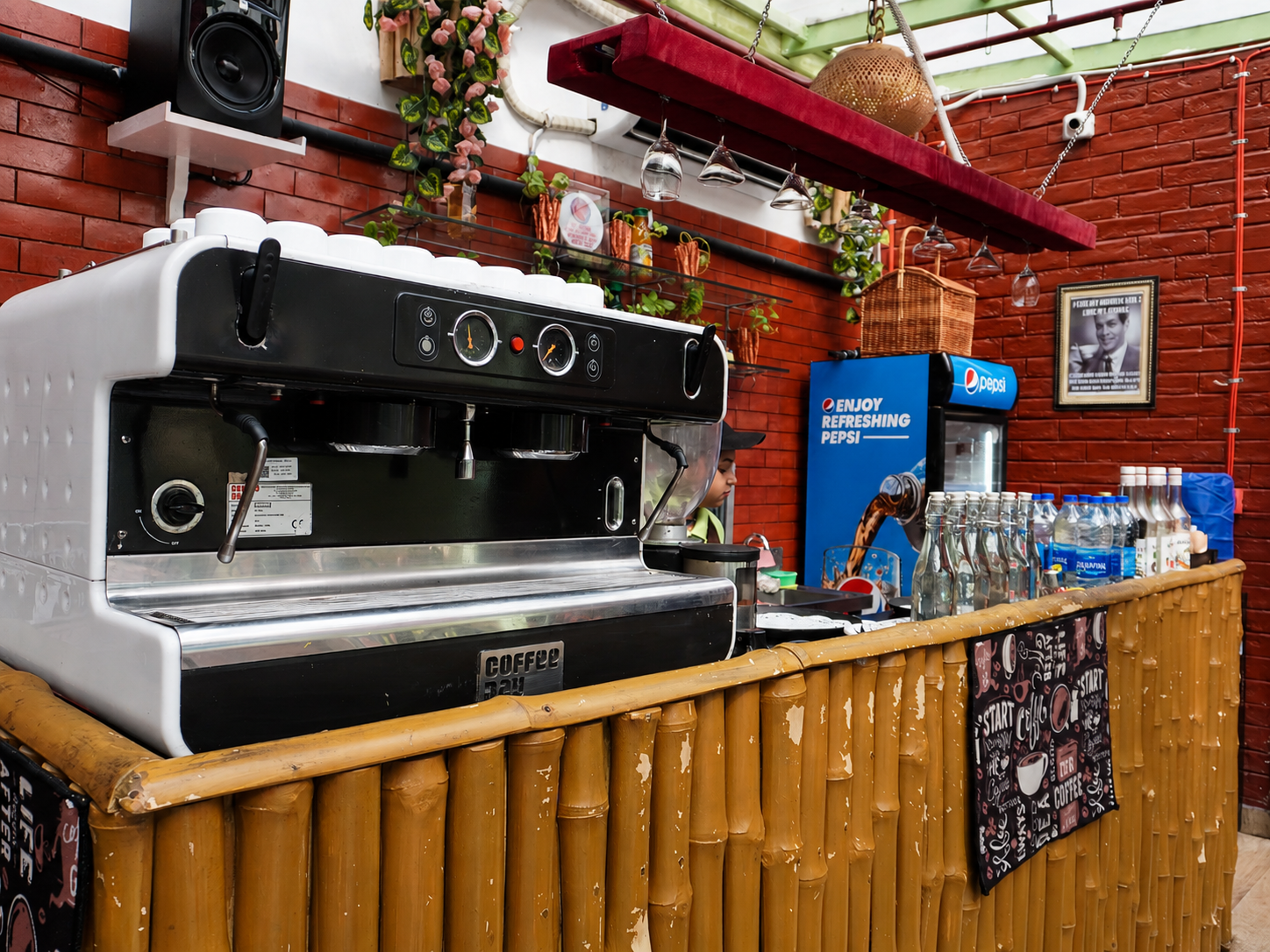 Bamboo coffee counter with espresso machine